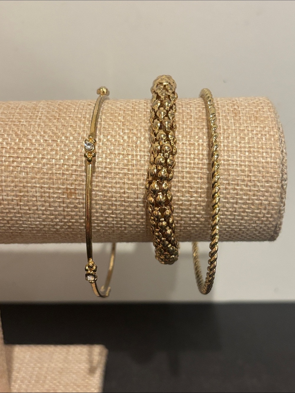 Gold Bangle & Popcorn Mesh Bracelet Stack (3-Piece Jewelry Lot)